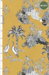 Mustard Ground Toile Style Trees and Storks Digital Printed Fabric